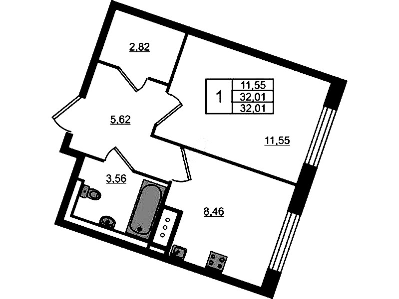 1-комнатная квартира 32.01 м², 8/9 эт., ЖК «Квартал Лаголово»